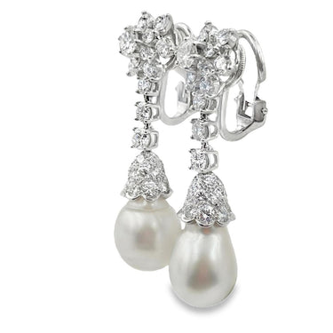 Vintage Platinum Diamond Cultured Pearl Drop Earrings