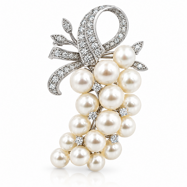 Mid‑Century 14K White Gold Diamond and Pearl Brooch.