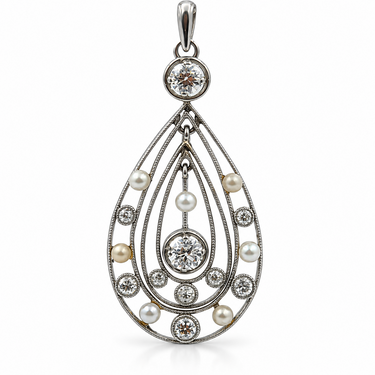 Edwardian Platinum Diamond and Pearl Pendant Necklace