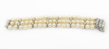 Estate White Gold Pearl and Diamond Bracelet with 2 Pearl Extension Strands