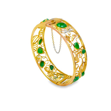 Mid-Century 14K Yellow Gold Jade Bangle.