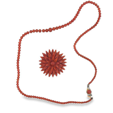 Estate Ox Blood Coral Necklace & Brooch.