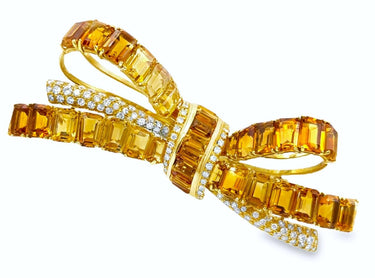 Estate Yellow Gold Citrine and Diamond Bow Brooch By Sabatini