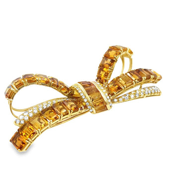 Estate Yellow Gold Citrine and Diamond Bow Brooch By Sabatini