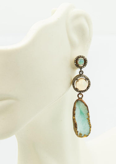 Estate Sterling Silver Opal and Diamond Ear Pendants