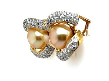 Estate Yellow Gold South Sea Gold Pearl and Diamond Earrings