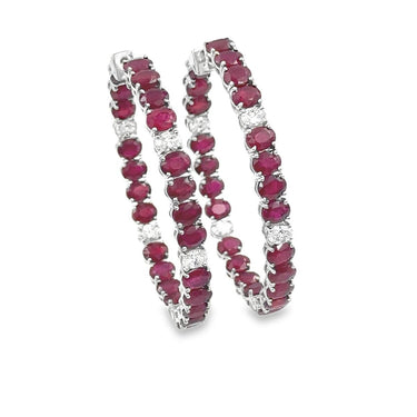 Estate White Gold Ruby and Diamond Hoop Earrings