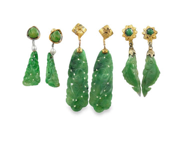 Assortment Lot of Five Vintage Silver & Gold Jade Earrings.