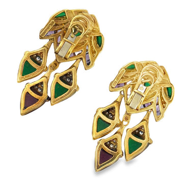 Vintage 18K Gold Diamond and Gemstone Fish Ear Pendants.