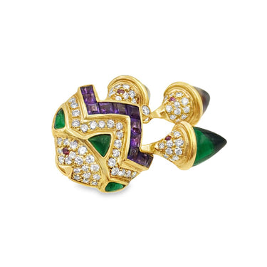 Vintage 18K Gold Diamond and Gemstone Fish Ear Pendants.
