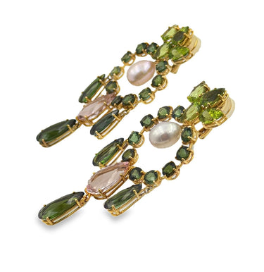 18K Yellow Gold Peridot, Kunzite, Chrome Dioptase & Pearl Ear Pendants