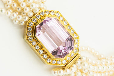 Estate Yellow Gold Diamond Kunzite and Pearl 14 Strand Necklace