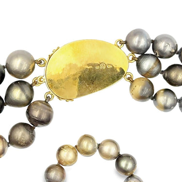 Estate Vintage Black Tahitian Cultured Pearl and Jade Graduating Triple Strand Necklace