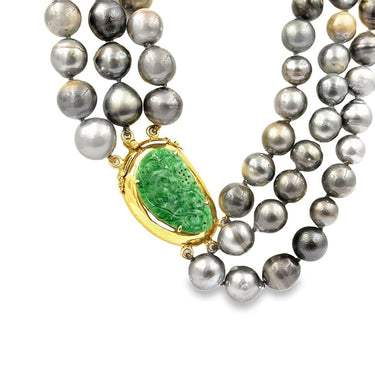 Estate Vintage Black Tahitian Cultured Pearl and Jade Graduating Triple Strand Necklace