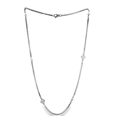 Estate DY Logo Cultured Pearl Silver and Gold Box Link Necklace by David Yurman