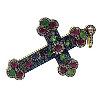 Estate Designer Gold Diamond and Gemstone Cross by Norman Covan