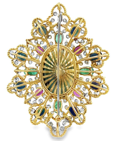 Vintage Diamond, Sapphire, Ruby and Emerald Brooch.