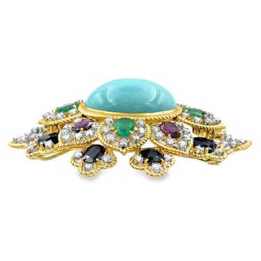 Vintage Diamond, Sapphire, Ruby and Emerald Brooch.