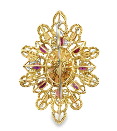 Vintage 14K Coral, Diamond and Ruby Brooch / Pendant