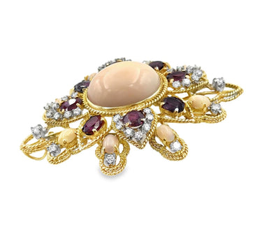 Vintage 14K Coral, Diamond and Ruby Brooch / Pendant