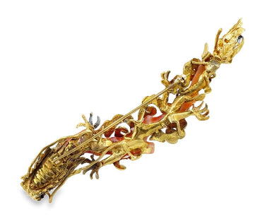 Vintage 14K Yellow Gold and Coral Dragon Brooch