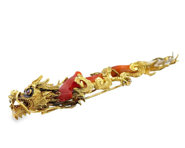 Vintage 14K Yellow Gold and Coral Dragon Brooch