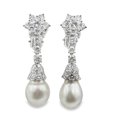 Vintage Platinum Diamond Cultured Pearl Drop Earrings