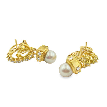 Vintage 18K gold diamond and cultured pearl hoop earrings