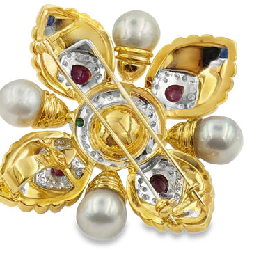 Vintage 18K diamond, cultured pearl, and gemstone brooch‑pendant