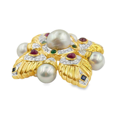 Vintage 18K diamond, cultured pearl, and gemstone brooch‑pendant