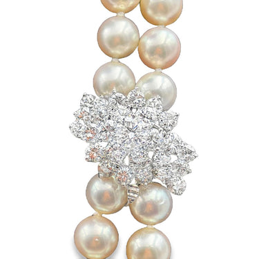 Vintage double‑strand cultured pearl and diamond necklace