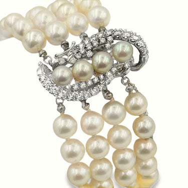 Vintage white gold cultured pearl and diamond bracelet