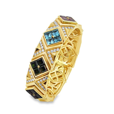 Vintage Bulgari 18K Gold Gemstone and Diamond Cuff Bangle, Serial No. BA6629