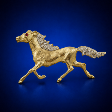 14K Gold Diamond Horse Brooch