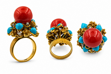 14K Vintage Coral, Turquoise & Diamond Ring
