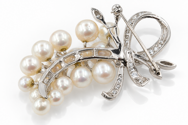 Mid‑Century 14K White Gold Diamond and Pearl Brooch.