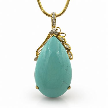 14K Gold Turquoise and Diamond Pendant Necklace.