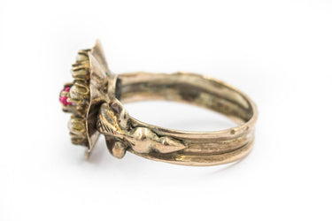 Victorian Yellow Gold Red Gemstone and Seed Pearl Ring