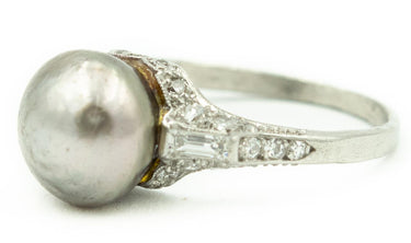 Estate Art Deco Platinum, Natural Pearl and Diamond Ring