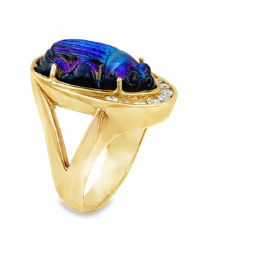 Estate Vintage Yellow Gold Diamond and Glass Scarab Ring