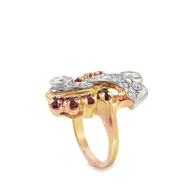 Retro 14K Rose Gold Diamond Ruby Ring